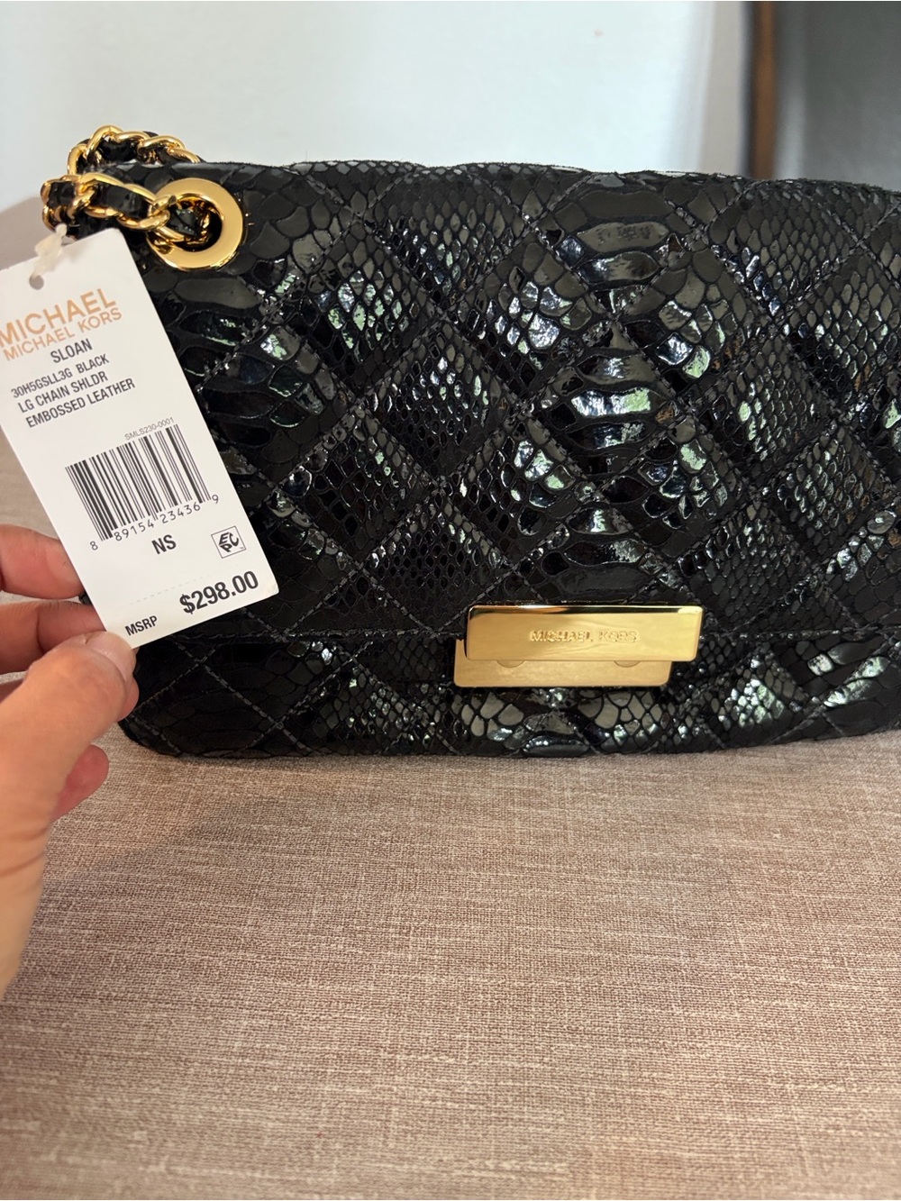 Michael Kors Sloan Large Chain Shoulder Bag Black Embossed Leather NWT.